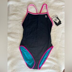 TYR Swimsuit Womens Turq/black/pink Hydra Span Reversible Diamond Fit